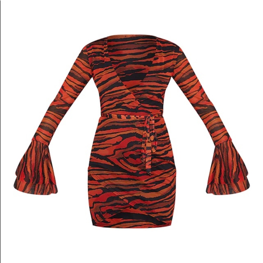 Orange Zebra Print Mesh Flared Sleeve Tie Waist Bodycon Dress